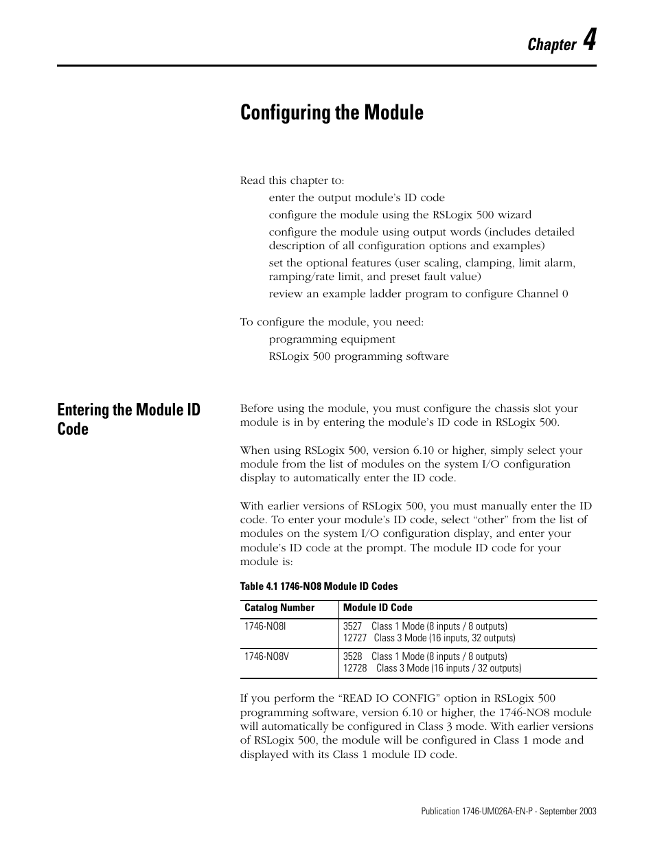 4 - configuring the module, Entering the module id code, Chapter 4 | Configuring the module, Entering the module id code -1, Chapter | Rockwell Automation 1746-NO8V SLC 500 8-Point Analog Output Module/ User Manual User Manual | Page 25 / 74