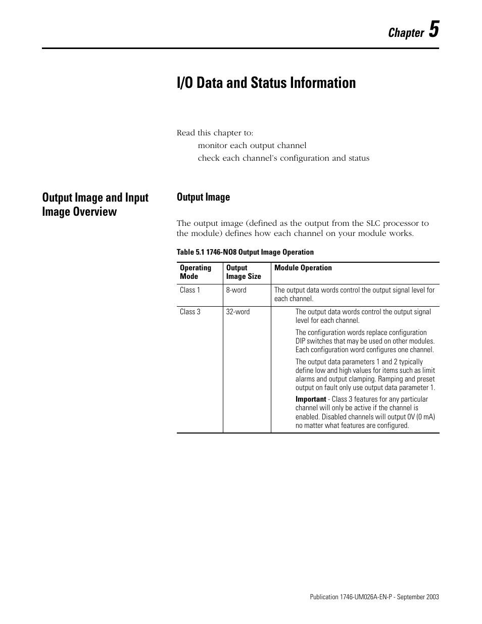 5 - i/o data and status information, Output image and input image overview, Chapter 5 | I/o data and status information, Output image and input image overview -1, Output image -1, Chapter | Rockwell Automation 1746-NO8V SLC 500 8-Point Analog Output Module/ User Manual User Manual | Page 45 / 74