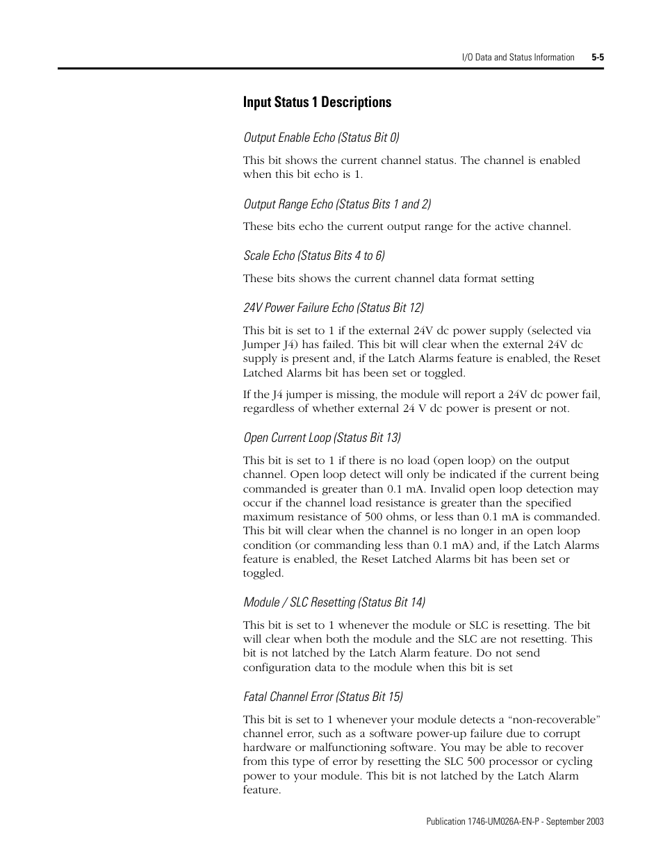 Input status 1 descriptions -5, Input status 1 descriptions | Rockwell Automation 1746-NO8V SLC 500 8-Point Analog Output Module/ User Manual User Manual | Page 49 / 74