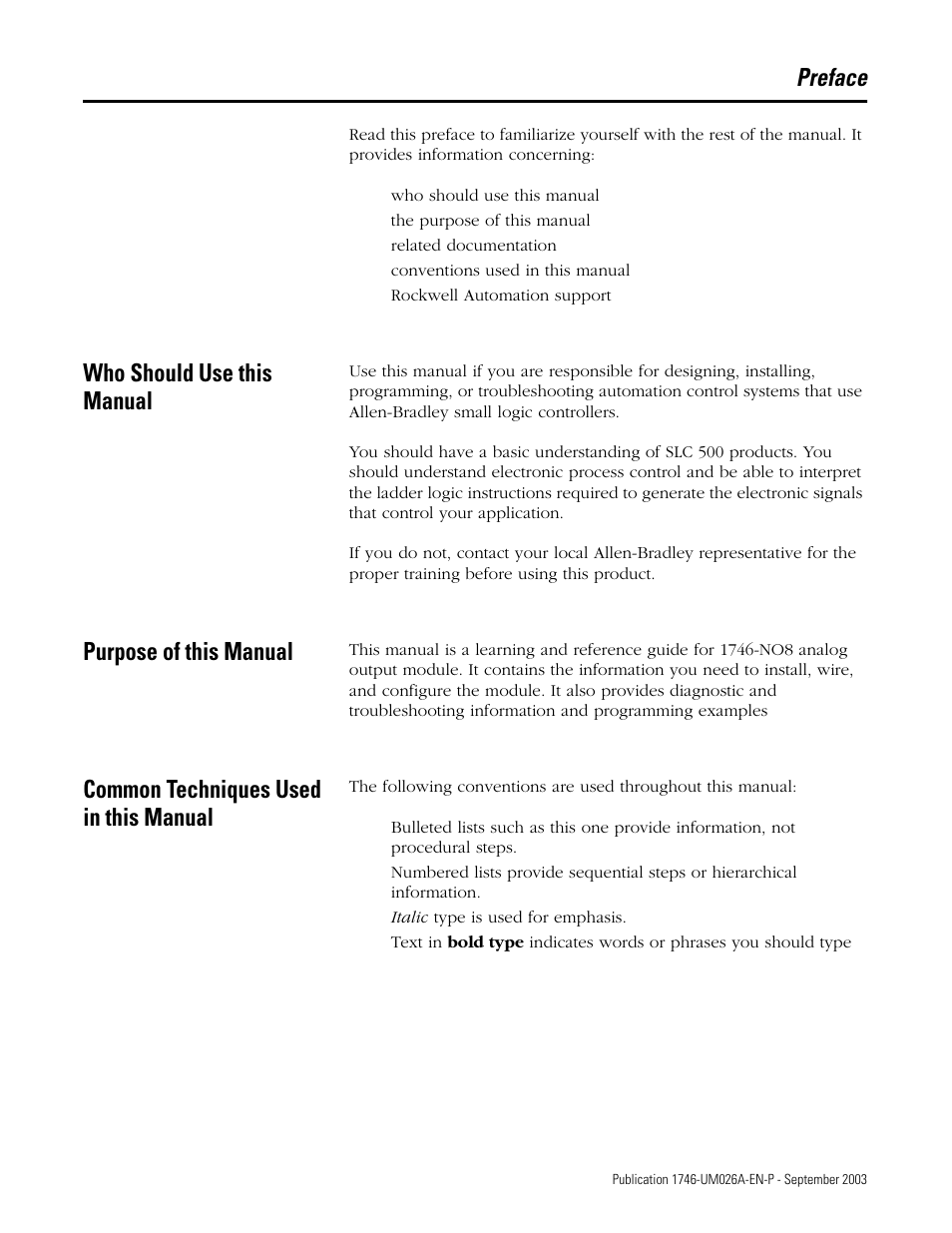 Preface, Who should use this manual, Purpose of this manual | Common techniques used in this manual | Rockwell Automation 1746-NO8V SLC 500 8-Point Analog Output Module/ User Manual User Manual | Page 5 / 74