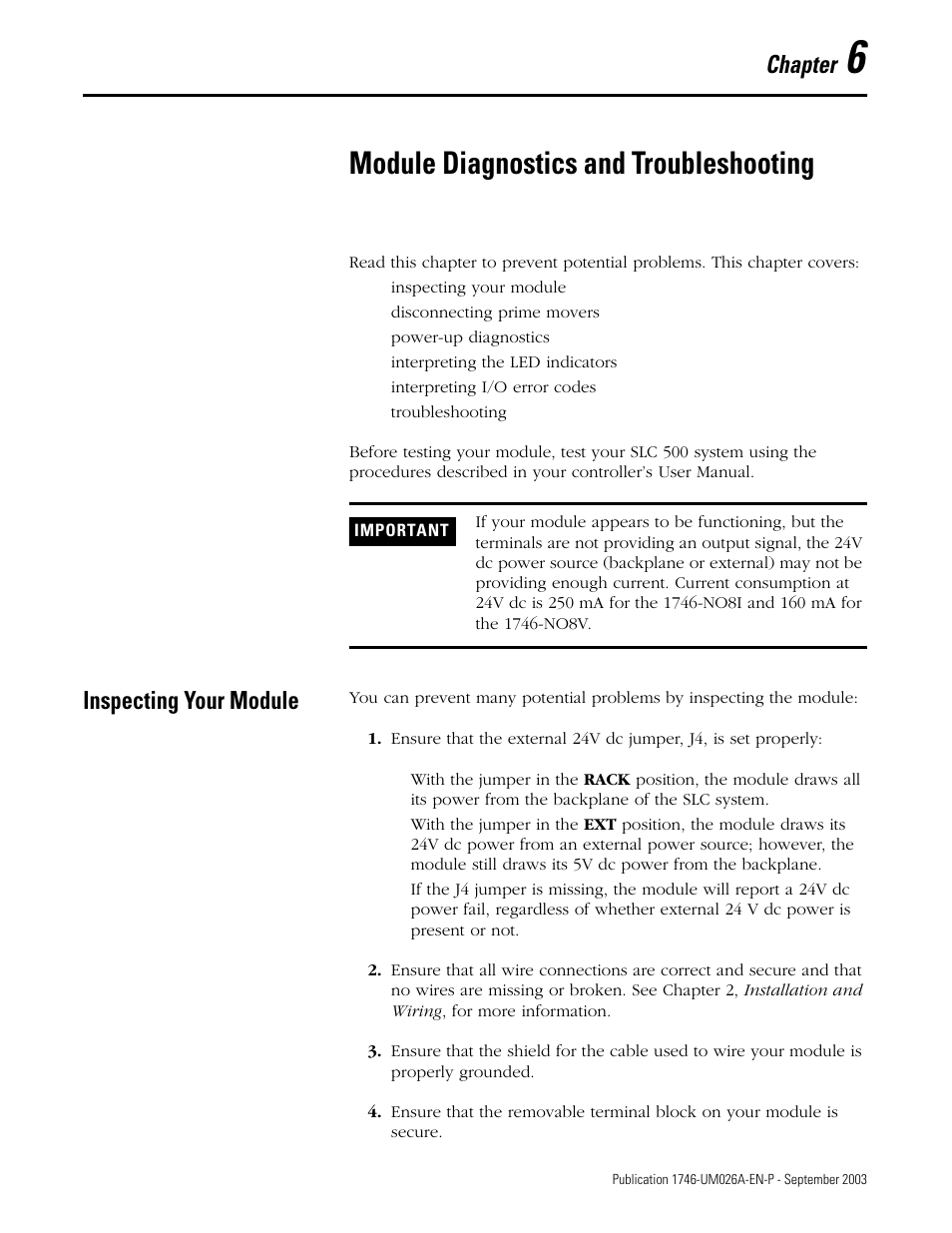 6 - module diagnostics and troubleshooting, Inspecting your module, Chapter 6 | Module diagnostics and troubleshooting, Inspecting your module -1, Chapter | Rockwell Automation 1746-NO8V SLC 500 8-Point Analog Output Module/ User Manual User Manual | Page 53 / 74