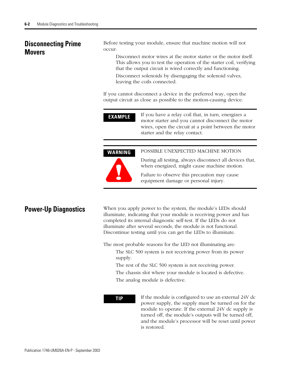 Disconnecting prime movers, Power-up diagnostics | Rockwell Automation 1746-NO8V SLC 500 8-Point Analog Output Module/ User Manual User Manual | Page 54 / 74