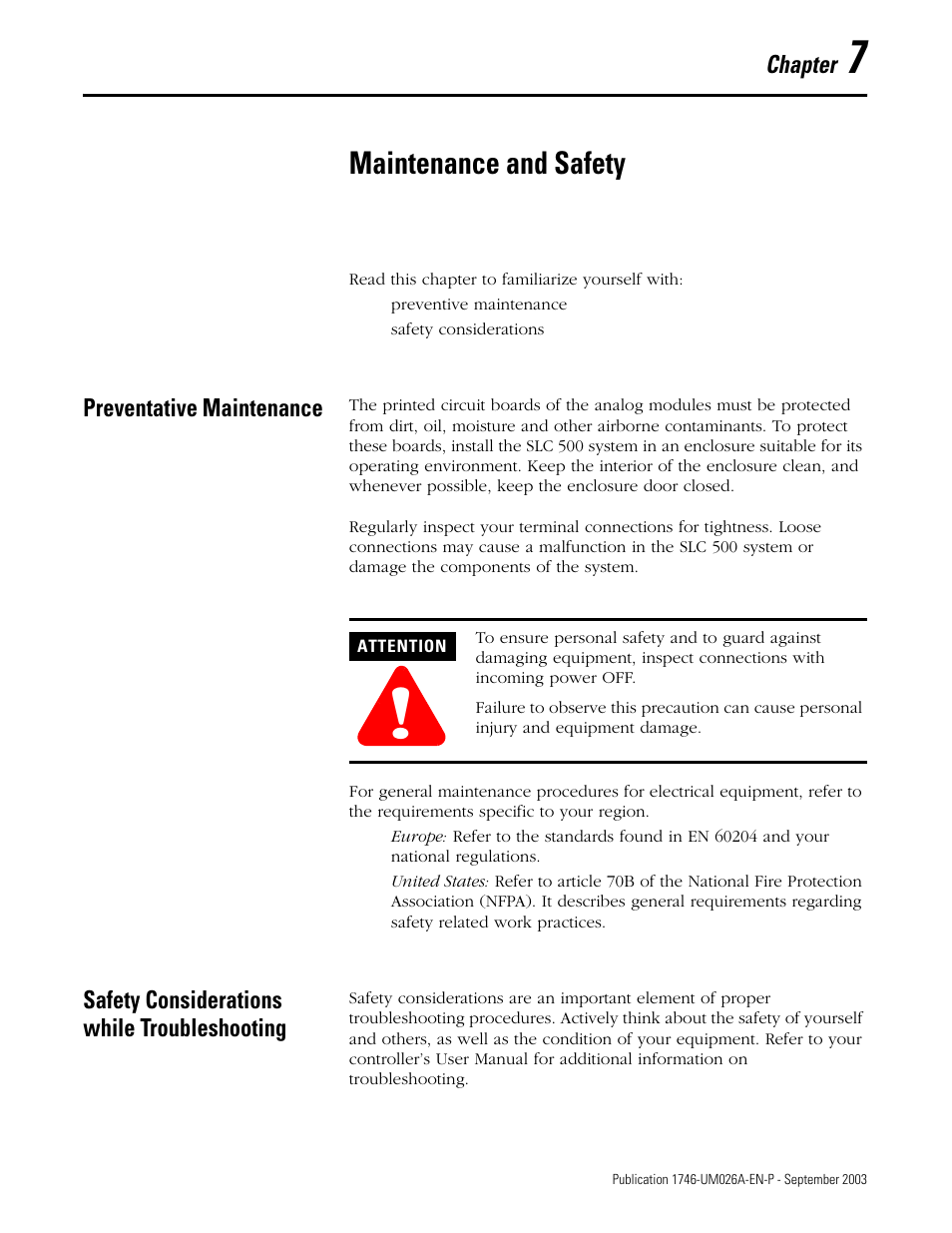 7 - maintenance and safety, Preventative maintenance, Safety considerations while troubleshooting | Chapter 7, Maintenance and safety | Rockwell Automation 1746-NO8V SLC 500 8-Point Analog Output Module/ User Manual User Manual | Page 59 / 74