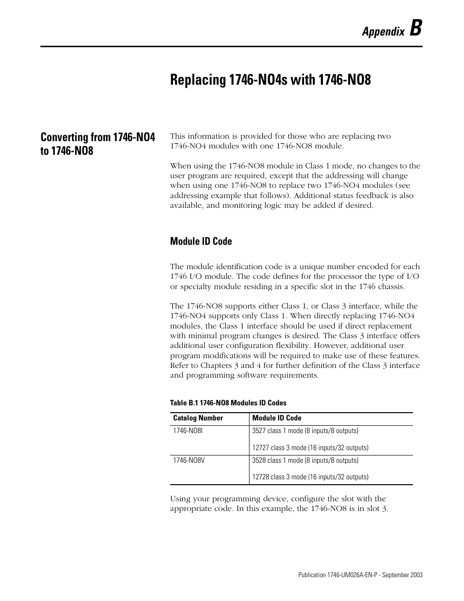 B - replacing 1746-no4s with 1746-no8, Converting from 1746-no4 to 1746-no8, Appendix b | Replacing 1746-no4s with 1746-no8, Appendix | Rockwell Automation 1746-NO8V SLC 500 8-Point Analog Output Module/ User Manual User Manual | Page 65 / 74