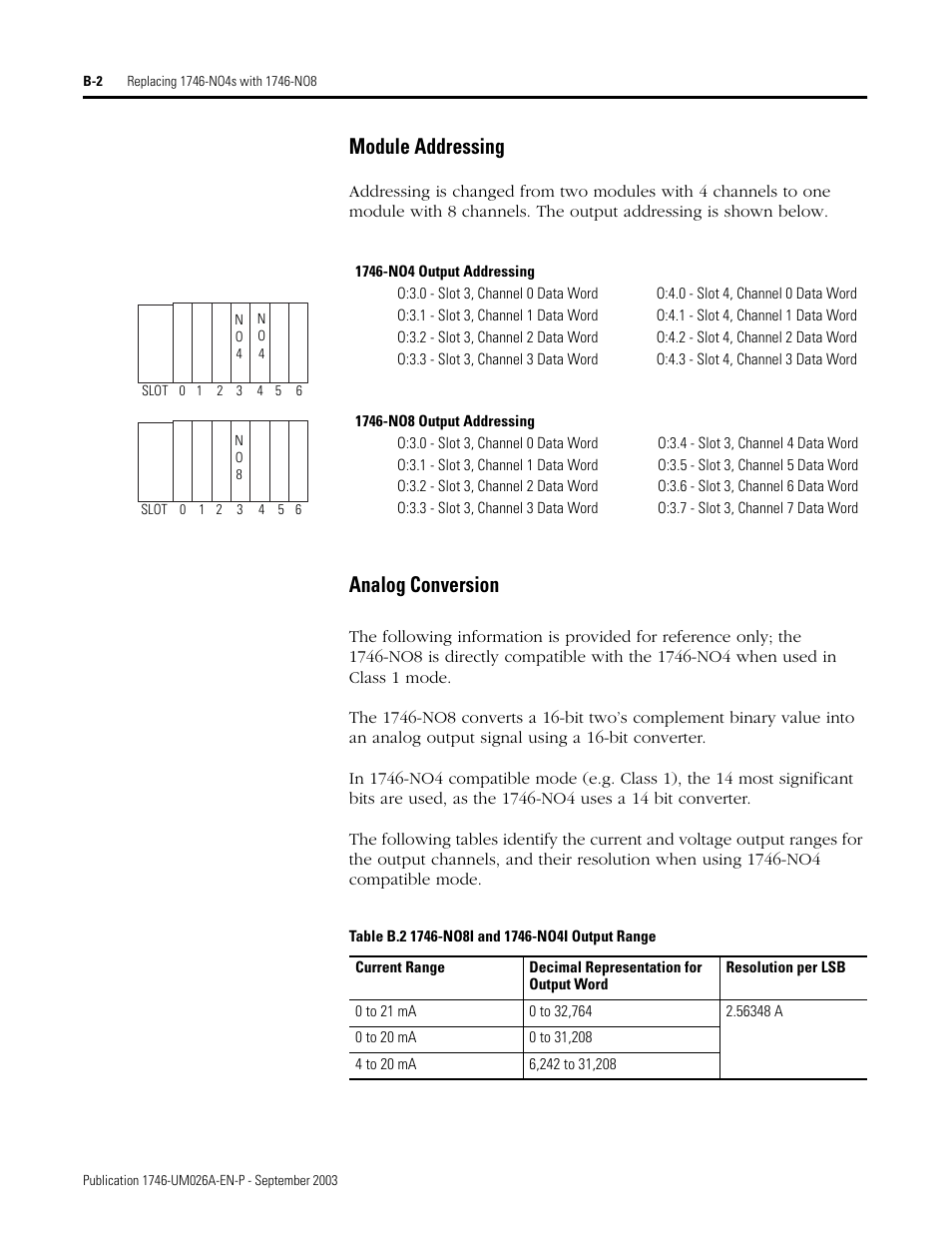 Module addressing, Analog conversion | Rockwell Automation 1746-NO8V SLC 500 8-Point Analog Output Module/ User Manual User Manual | Page 66 / 74