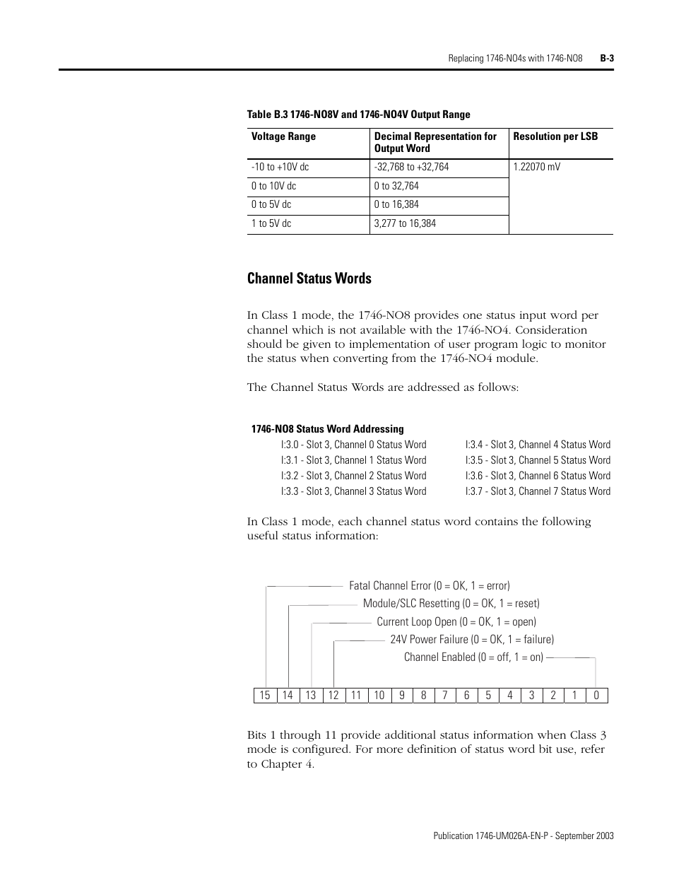 Channel status words | Rockwell Automation 1746-NO8V SLC 500 8-Point Analog Output Module/ User Manual User Manual | Page 67 / 74