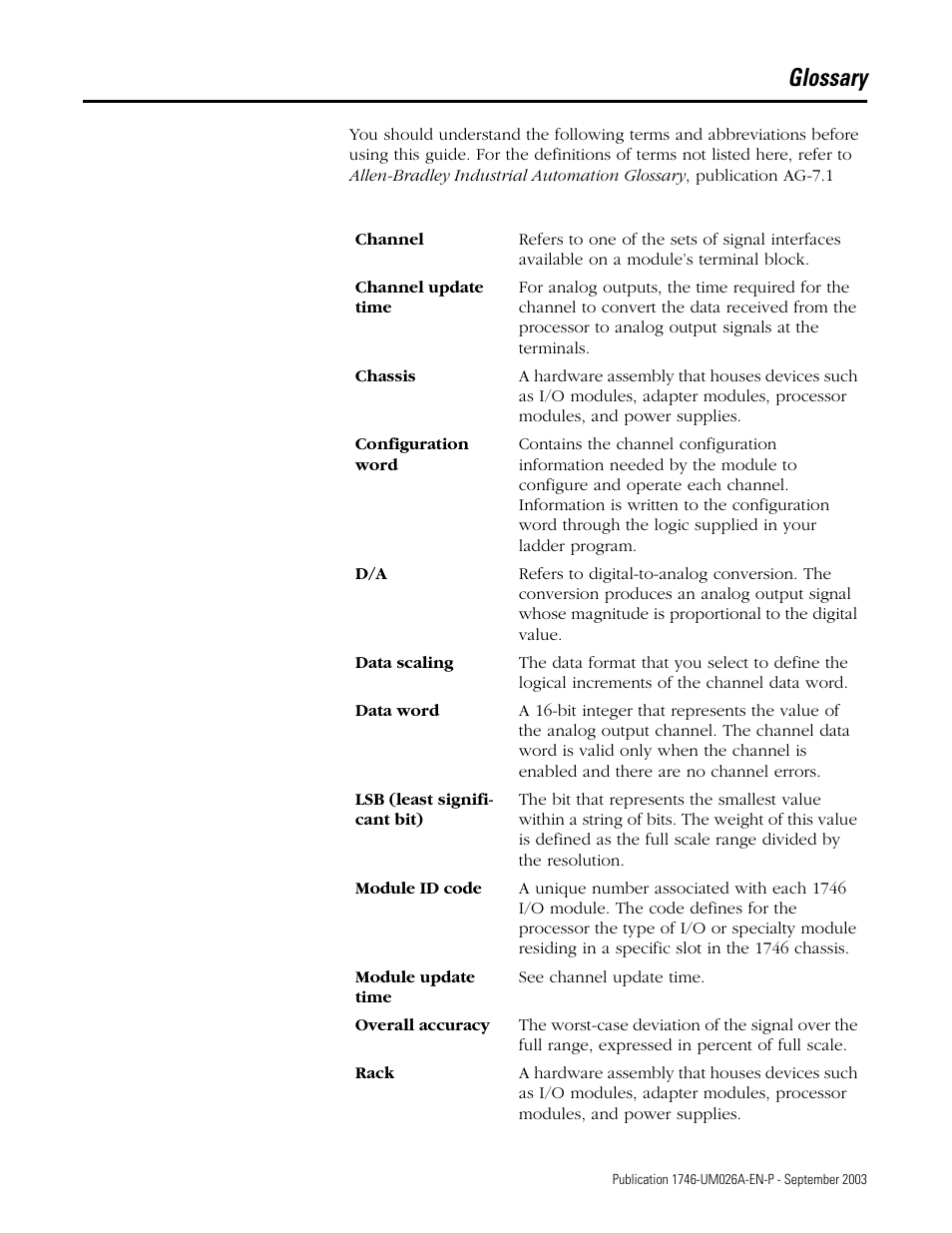 Glossary | Rockwell Automation 1746-NO8V SLC 500 8-Point Analog Output Module/ User Manual User Manual | Page 69 / 74