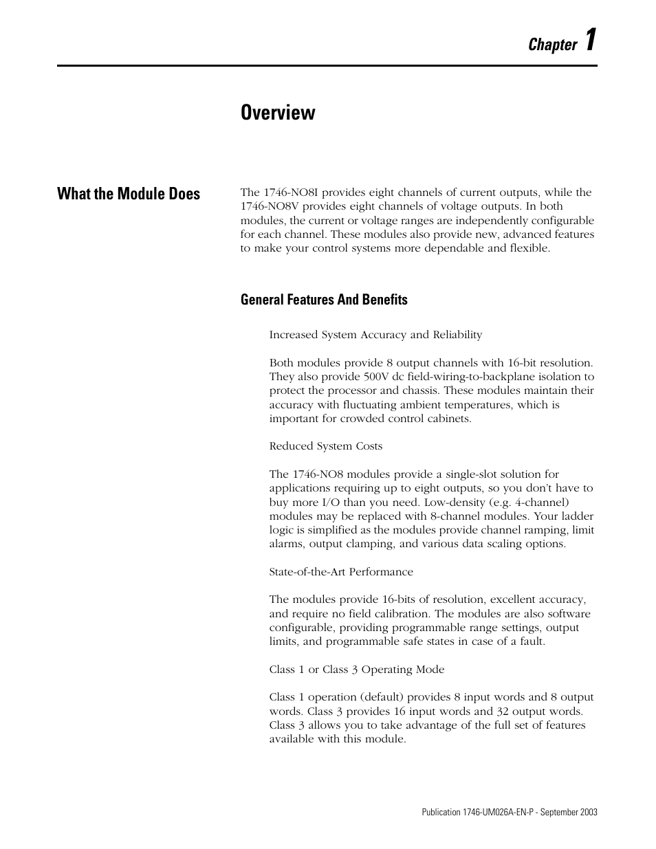 1 - overview, What the module does, Chapter 1 | Overview, What the module does -1, General features and benefits -1, Chapter | Rockwell Automation 1746-NO8V SLC 500 8-Point Analog Output Module/ User Manual User Manual | Page 7 / 74