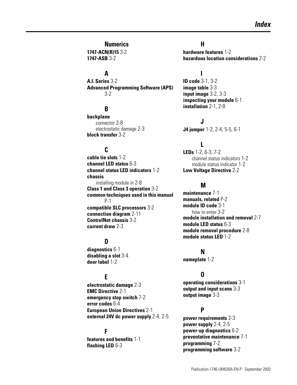 Index, Numerics | Rockwell Automation 1746-NO8V SLC 500 8-Point Analog Output Module/ User Manual User Manual | Page 71 / 74