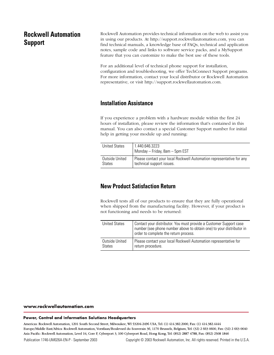 Back cover, Rockwell automation support, Installation assistance | New product satisfaction return | Rockwell Automation 1746-NO8V SLC 500 8-Point Analog Output Module/ User Manual User Manual | Page 74 / 74