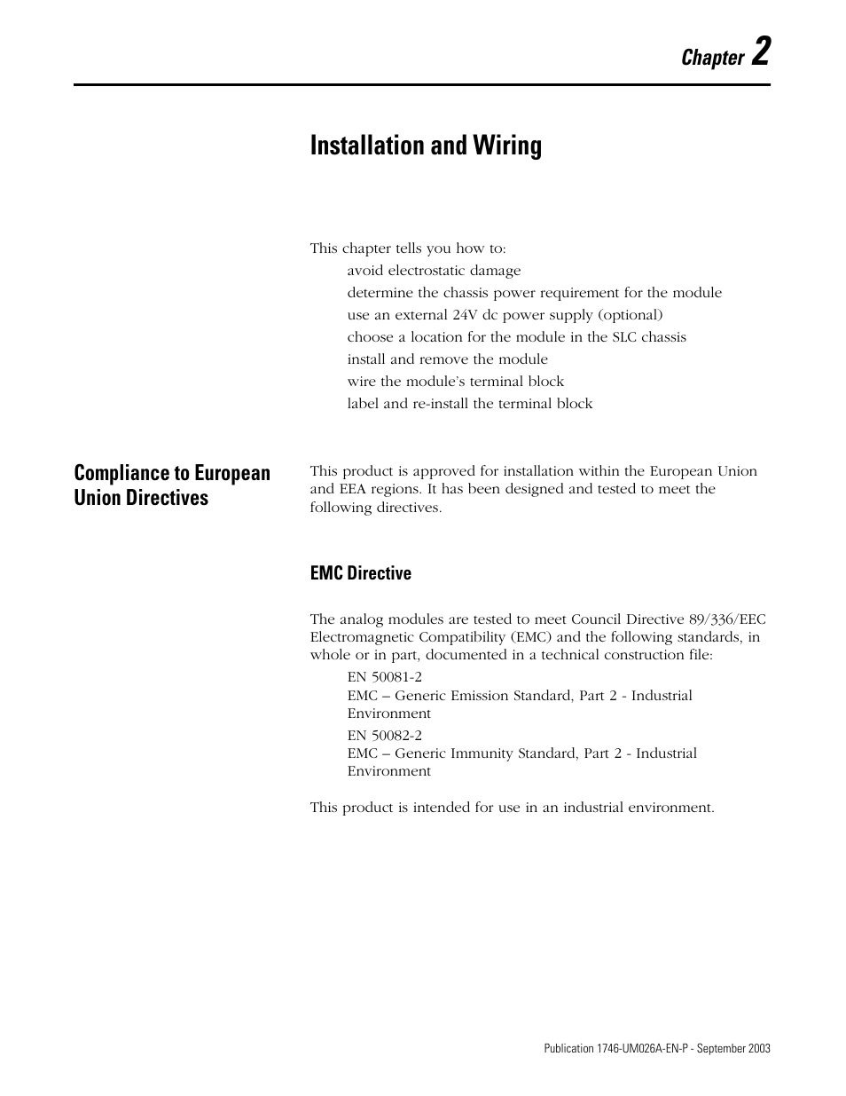 2 - installation and wiring, Compliance to european union directives, Chapter 2 | Installation and wiring, Compliance to european union directives -1, Emc directive -1, Chapter | Rockwell Automation 1746-NO8V SLC 500 8-Point Analog Output Module/ User Manual User Manual | Page 9 / 74