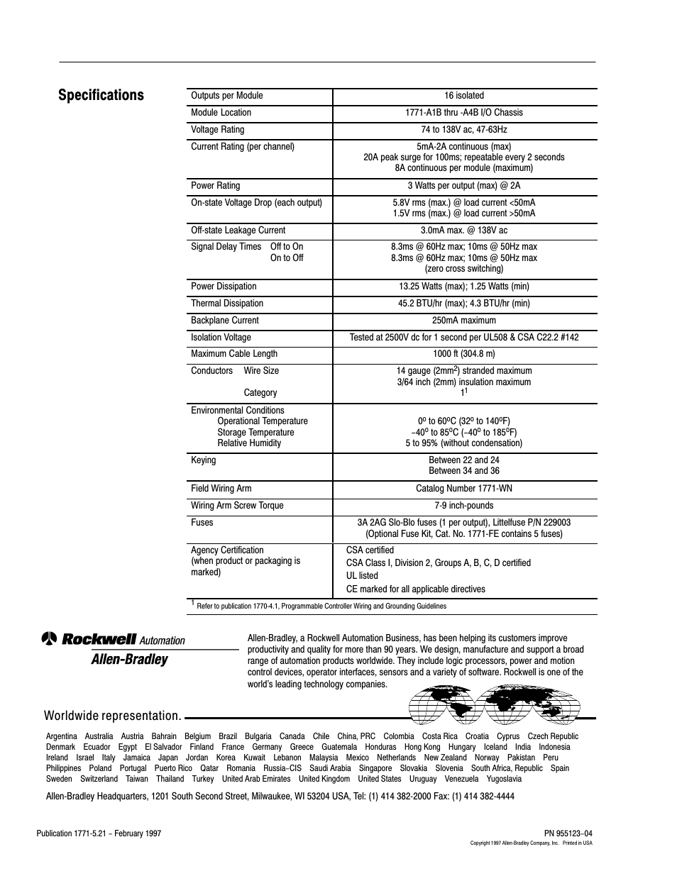 Specifications, Back cover, Worldwide representation | Rockwell Automation 1771-OD16 AC (120V) ISO Output Installation Instructions User Manual | Page 12 / 12
