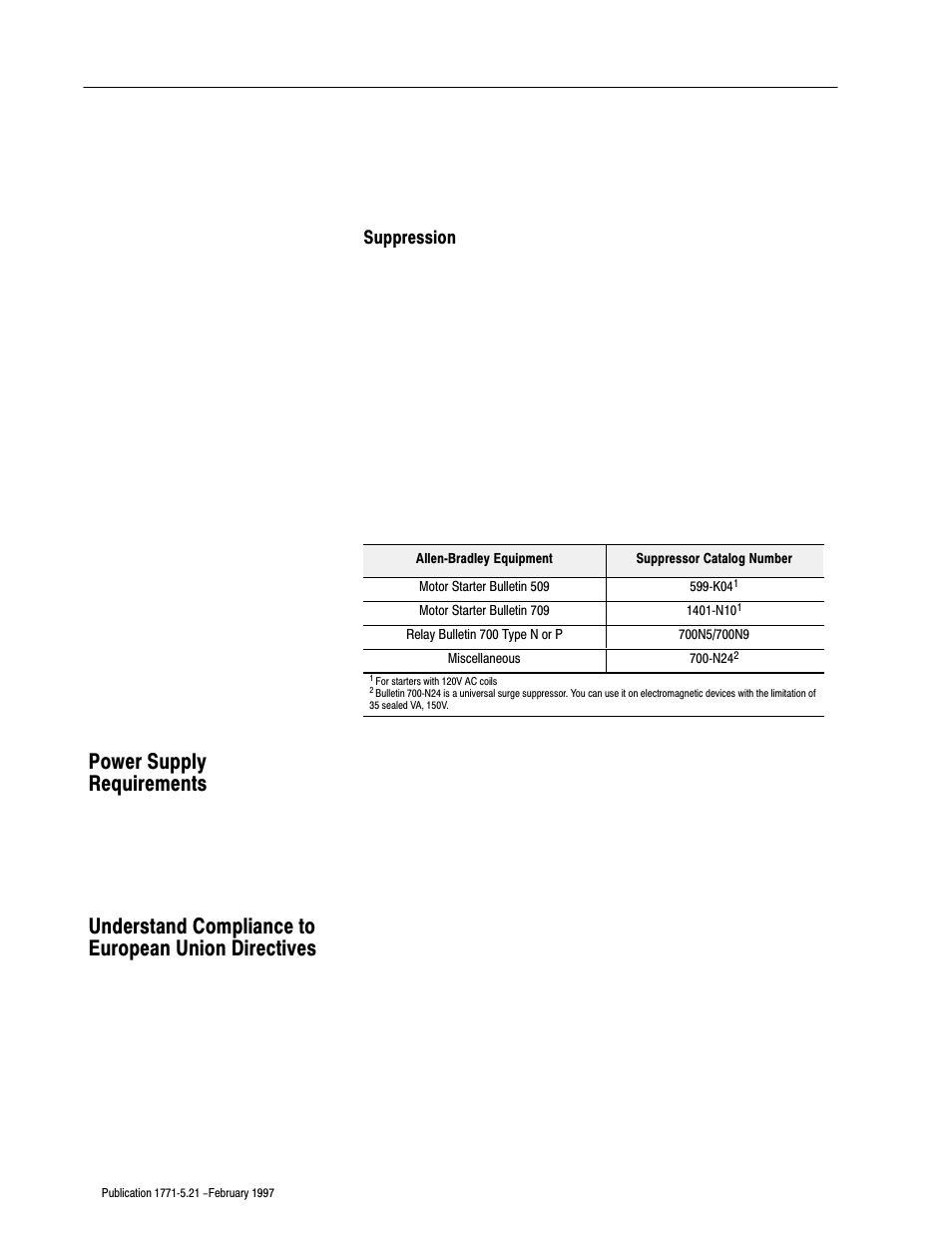 Power supply requirements, Understand compliance to european union directives, Suppression | Rockwell Automation 1771-OD16 AC (120V) ISO Output Installation Instructions User Manual | Page 2 / 12