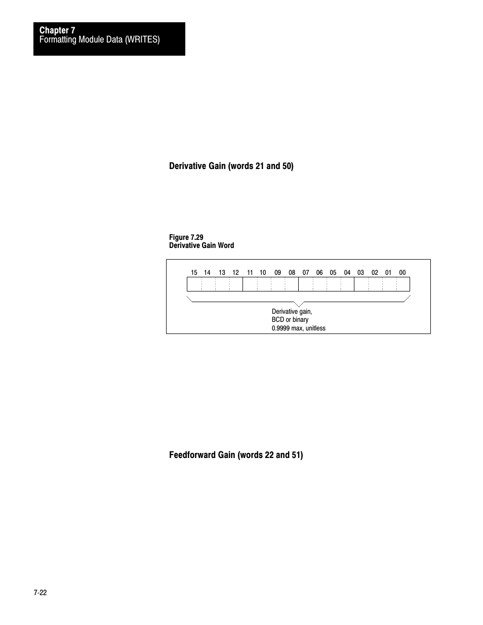 7ć22, Formatting module data (writes) chapter 7, Derivative gain (words 21 and 50) | Feedforward gain (words 22 and 51), The derivative gain factor k, Figure 7.29 derivative gain word | Rockwell Automation 1771-QB Linear Pos. User Manual | Page 101 / 226