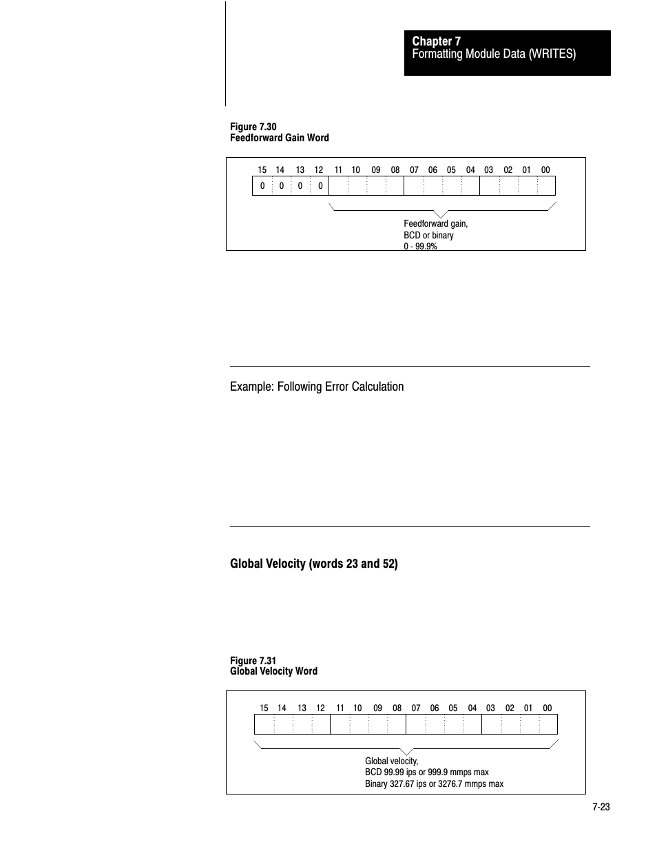 7ć23, Formatting module data (writes) chapter 7, Example: following error calculation | Global velocity (words 23 and 52), If axis movement is 5 ips and proportional gain (k, Figure 7.31 global velocity word | Rockwell Automation 1771-QB Linear Pos. User Manual | Page 102 / 226