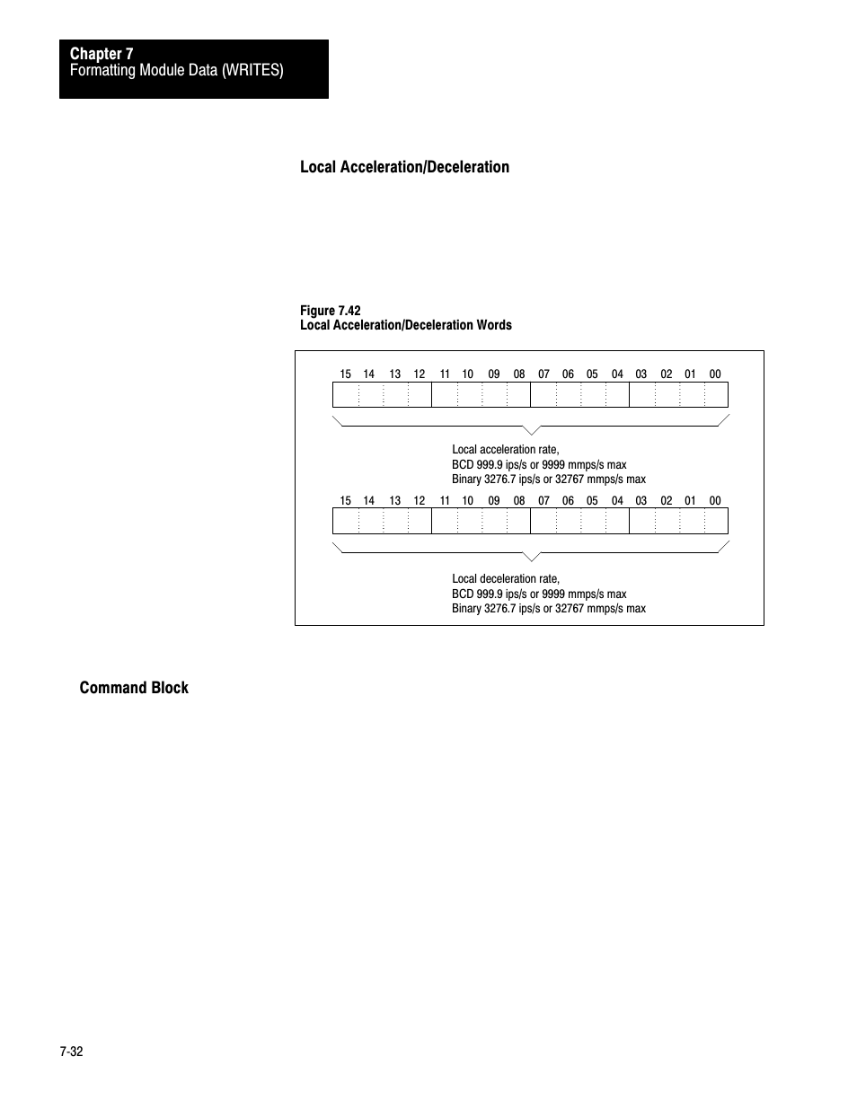 Command block, 7ć32, Formatting module data (writes) chapter 7 | Local acceleration/deceleration, Figure 7.42 local acceleration/deceleration words | Rockwell Automation 1771-QB Linear Pos. User Manual | Page 111 / 226