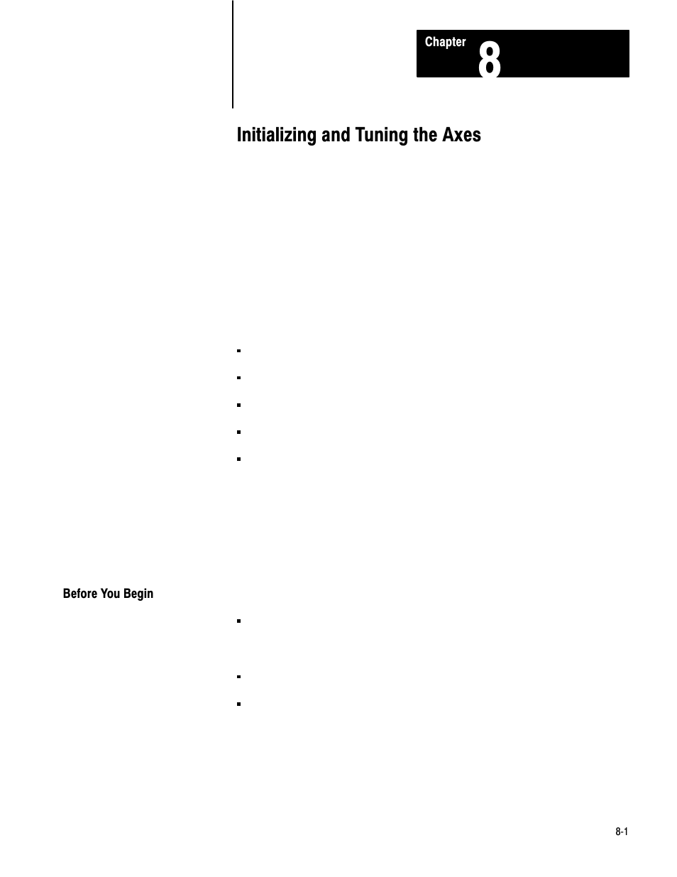 8 - initializing and tuning the axes, Before you begin, Initializing and tuning the axes | Rockwell Automation 1771-QB Linear Pos. User Manual | Page 119 / 226