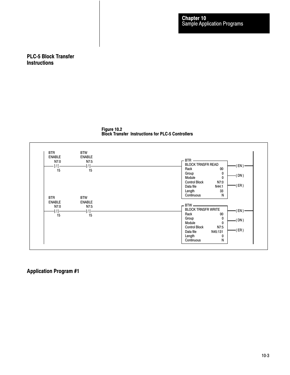 Plc-5 block transfer instructions, Application program #1, 10ć3 | Sample application programs chapter 10 | Rockwell Automation 1771-QB Linear Pos. User Manual | Page 147 / 226