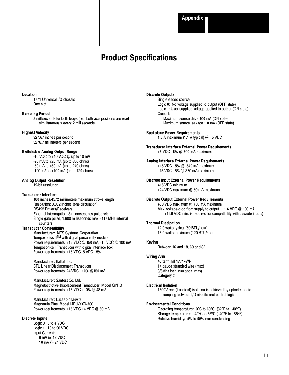 I - product specifications, Product specifications, Appendix | Rockwell Automation 1771-QB Linear Pos. User Manual | Page 222 / 226