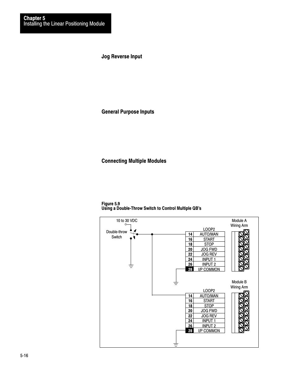 5ć16, Installing the linear positioning module chapter 5, Jog reverse input | General purpose inputs, Connecting multiple modules | Rockwell Automation 1771-QB Linear Pos. User Manual | Page 55 / 226