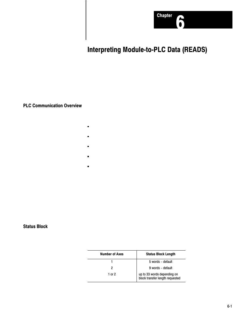 6 - interpreting module-to-plc data (reads), Plc communication overview, Status block | Interpreting modulećtoćplc data (reads) | Rockwell Automation 1771-QB Linear Pos. User Manual | Page 62 / 226