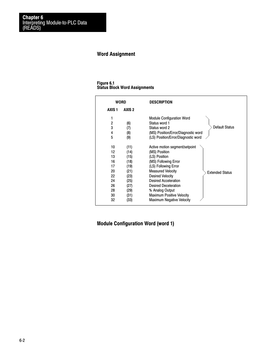 Interpreting modulećtoćplc data (reads) chapter 6, Word assignment, Module configuration word (word 1) | Rockwell Automation 1771-QB Linear Pos. User Manual | Page 63 / 226