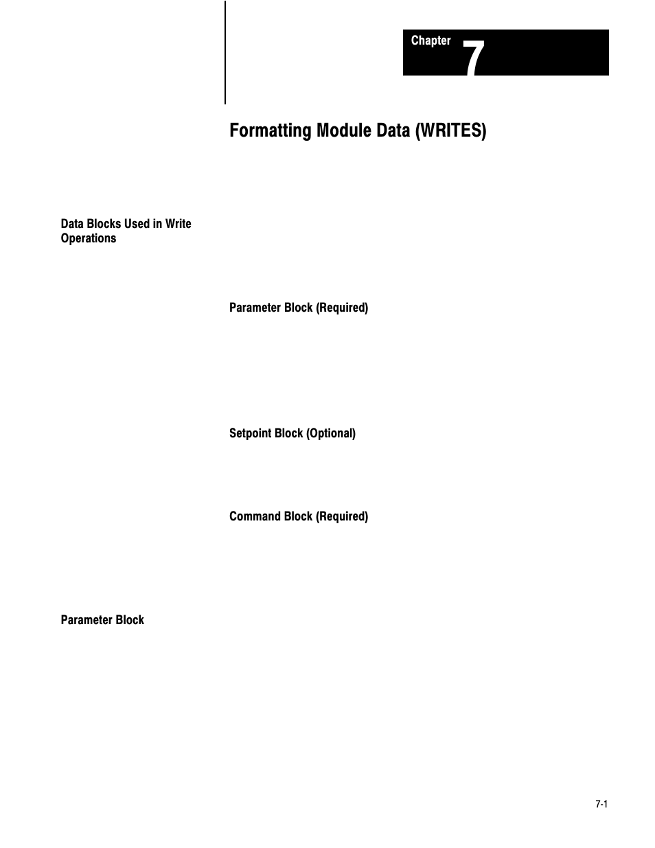 7 - formatting module data (writes), Data blocks used in write operations, Parameter block | Formatting module data (writes) | Rockwell Automation 1771-QB Linear Pos. User Manual | Page 80 / 226