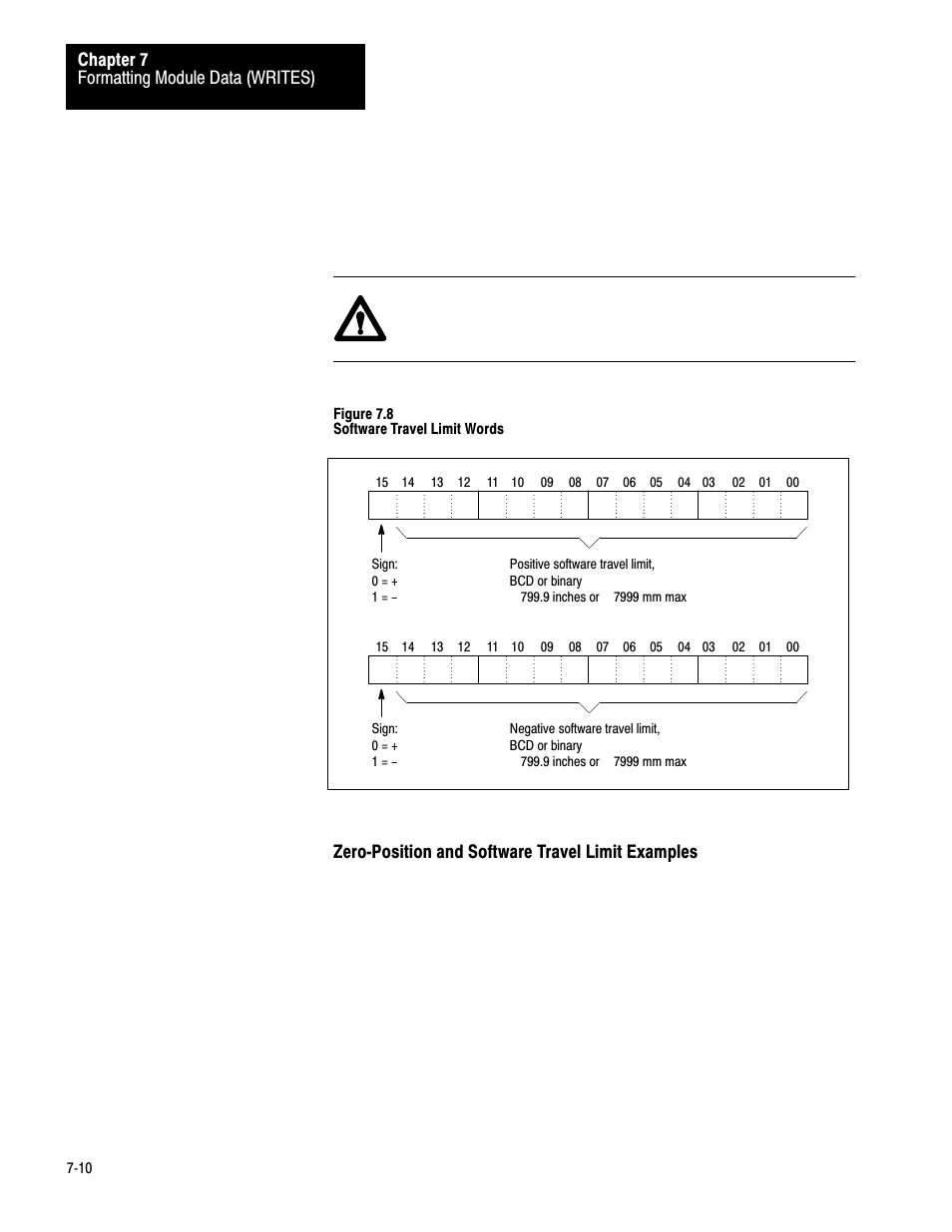 7ć10, Formatting module data (writes) chapter 7, Zeroćposition and software travel limit examples | Figure 7.8 software travel limit words | Rockwell Automation 1771-QB Linear Pos. User Manual | Page 89 / 226