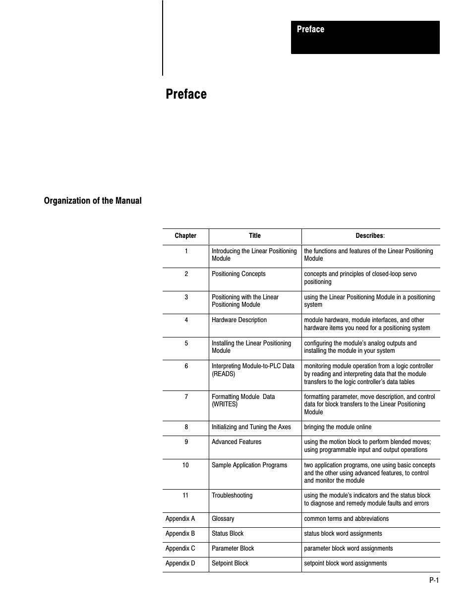 Preface, Organization of the manual | Rockwell Automation 1771-QB Linear Pos. User Manual | Page 9 / 226