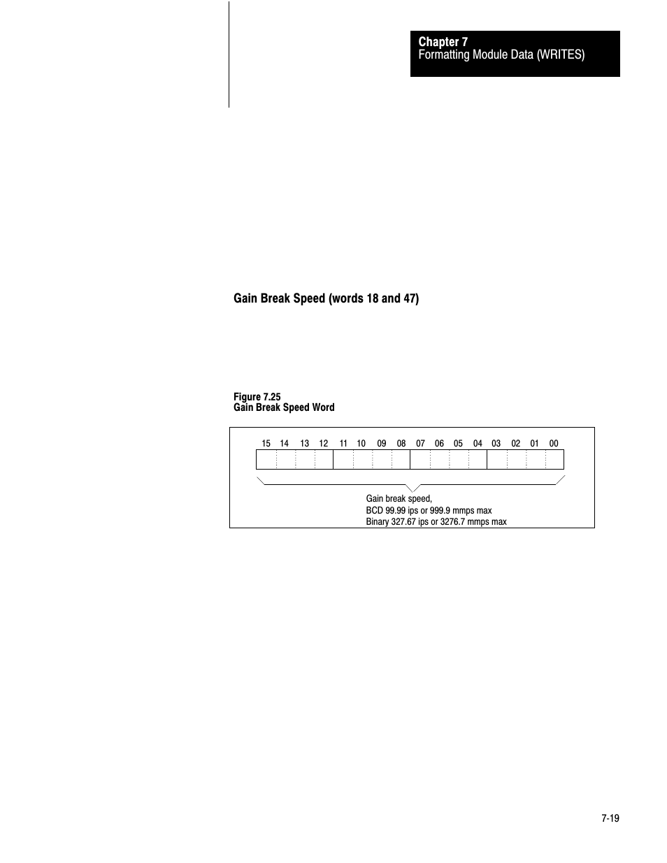 7ć19, Formatting module data (writes) chapter 7, Gain break speed (words 18 and 47) | Figure 7.25 gain break speed word | Rockwell Automation 1771-QB Linear Pos. User Manual | Page 98 / 226