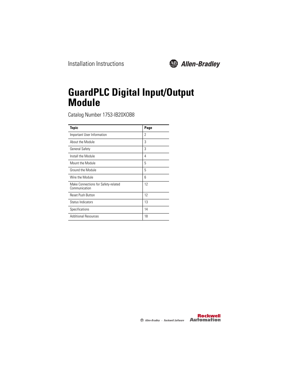 Rockwell Automation 1753-IB20XOB8 GuardPLC Digital Input/Output Module Installation Instructions User Manual | 20 pages