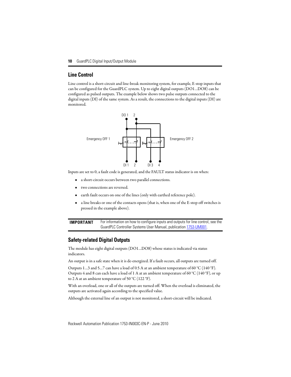 Line control, Safety-related digital outputs | Rockwell Automation 1753-IB20XOB8 GuardPLC Digital Input/Output Module Installation Instructions User Manual | Page 10 / 20