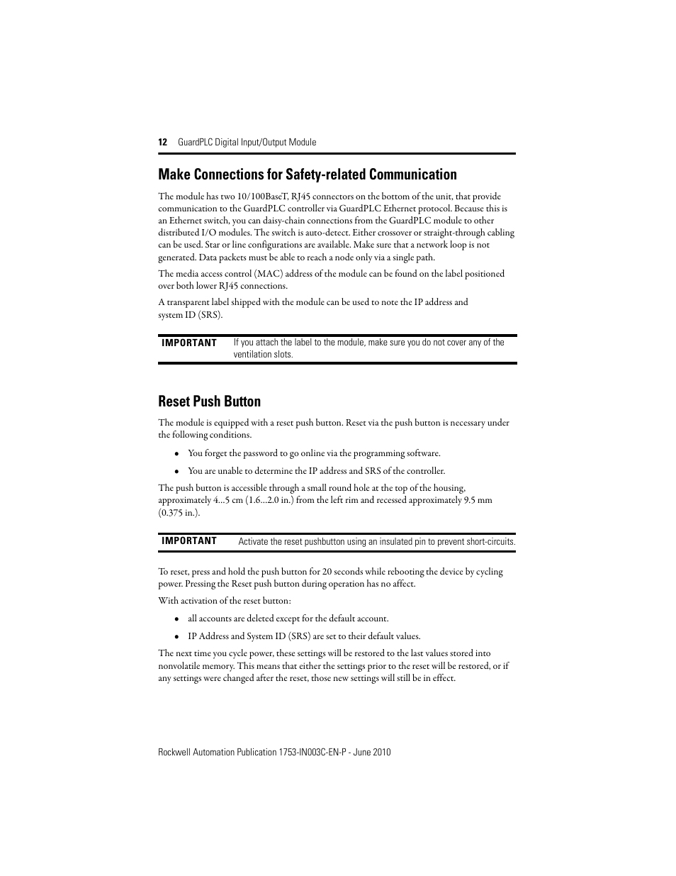 Make connections for safety-related communication, Reset push button | Rockwell Automation 1753-IB20XOB8 GuardPLC Digital Input/Output Module Installation Instructions User Manual | Page 12 / 20