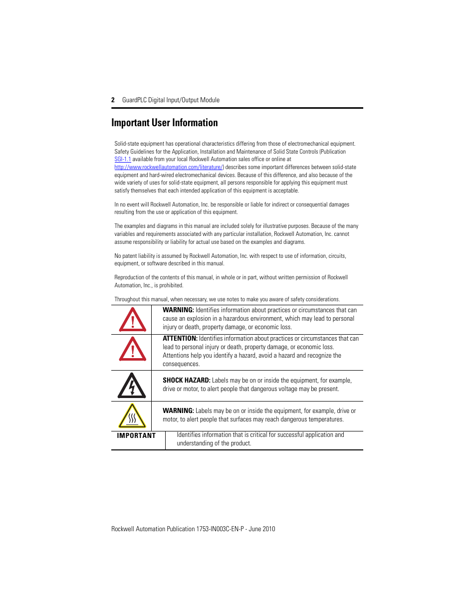 Important user information | Rockwell Automation 1753-IB20XOB8 GuardPLC Digital Input/Output Module Installation Instructions User Manual | Page 2 / 20
