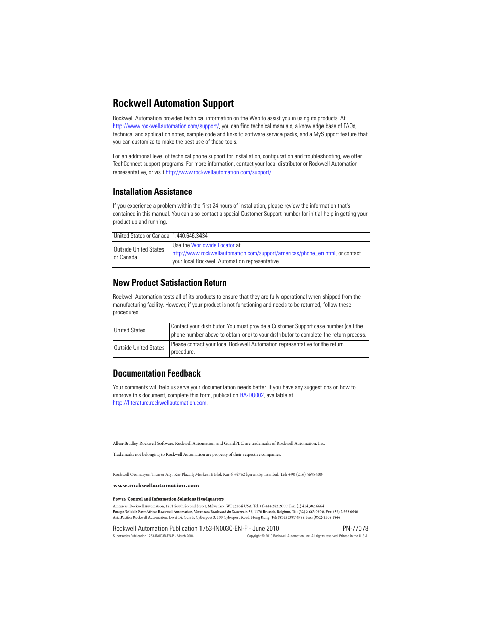 Rockwell automation support, Installation assistance, New product satisfaction return | Documentation feedback | Rockwell Automation 1753-IB20XOB8 GuardPLC Digital Input/Output Module Installation Instructions User Manual | Page 20 / 20