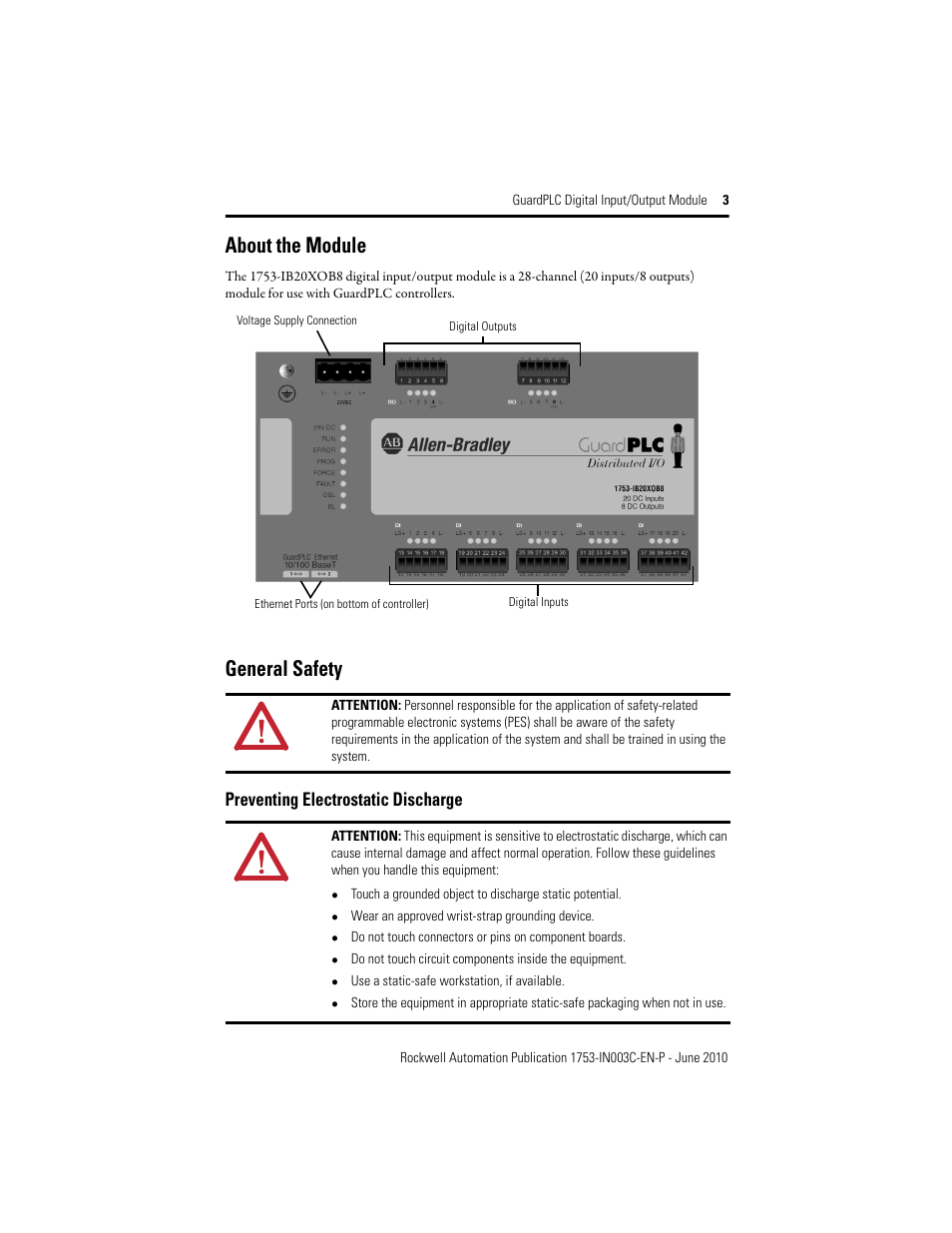 About the module, General safety, Preventing electrostatic discharge | Rockwell Automation 1753-IB20XOB8 GuardPLC Digital Input/Output Module Installation Instructions User Manual | Page 3 / 20