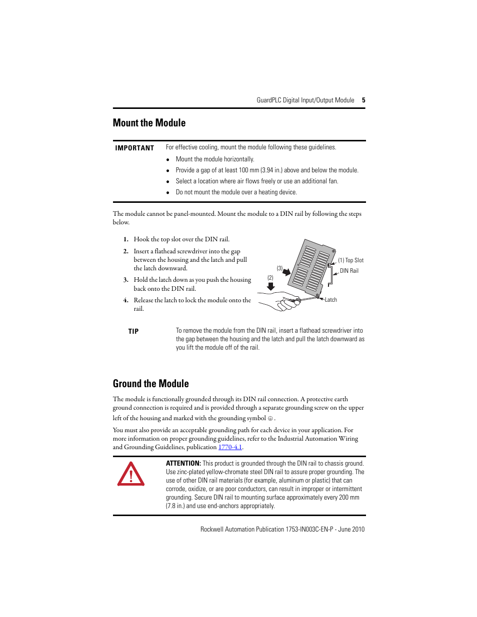 Mount the module, Ground the module | Rockwell Automation 1753-IB20XOB8 GuardPLC Digital Input/Output Module Installation Instructions User Manual | Page 5 / 20