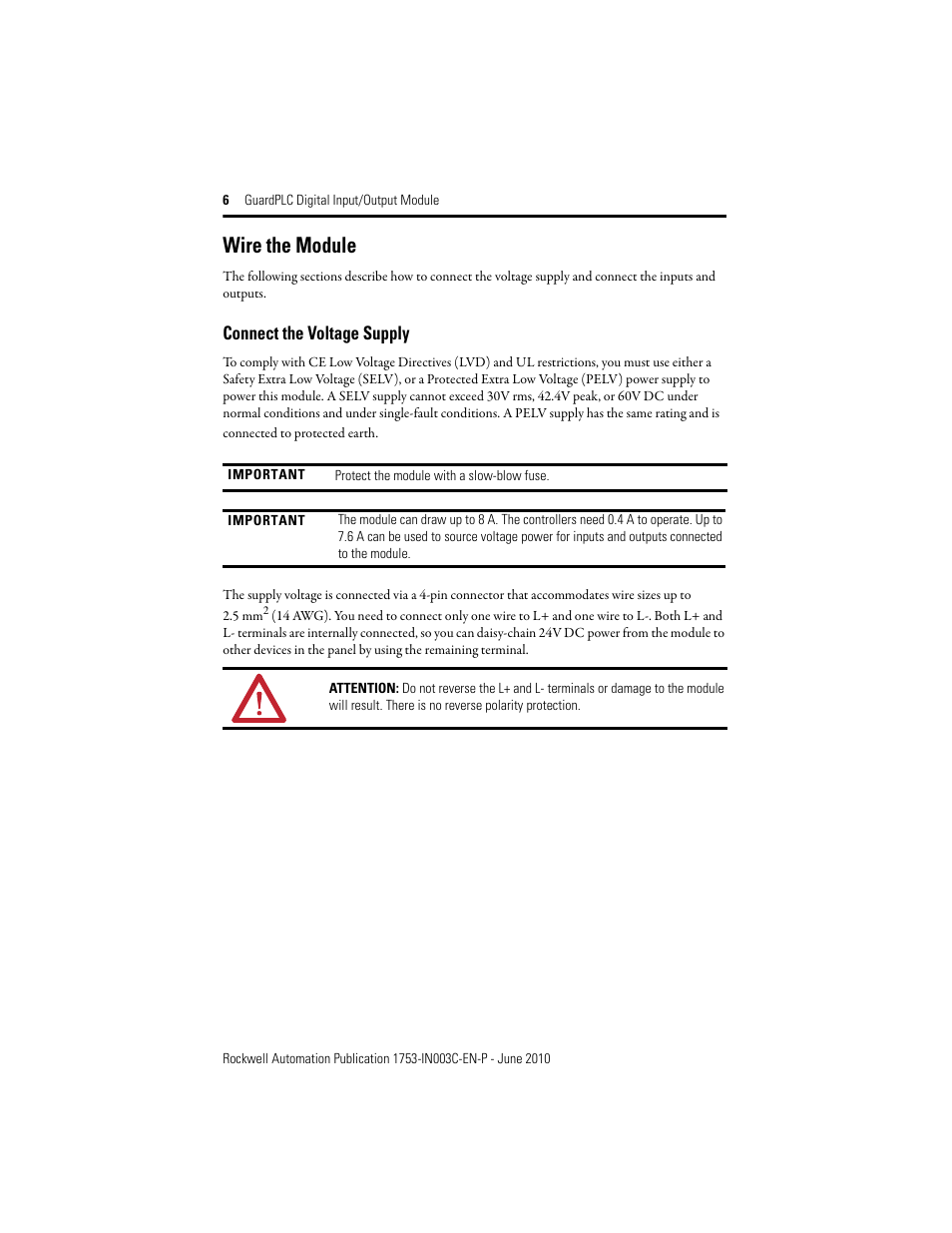 Wire the module, Connect the voltage supply | Rockwell Automation 1753-IB20XOB8 GuardPLC Digital Input/Output Module Installation Instructions User Manual | Page 6 / 20