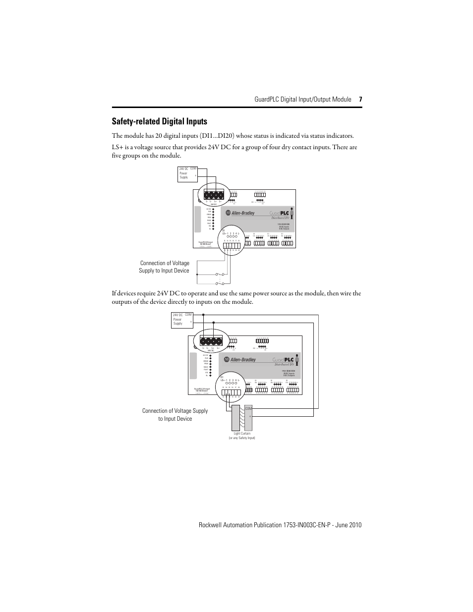 Safety-related digital inputs, Connection of voltage supply to input device | Rockwell Automation 1753-IB20XOB8 GuardPLC Digital Input/Output Module Installation Instructions User Manual | Page 7 / 20