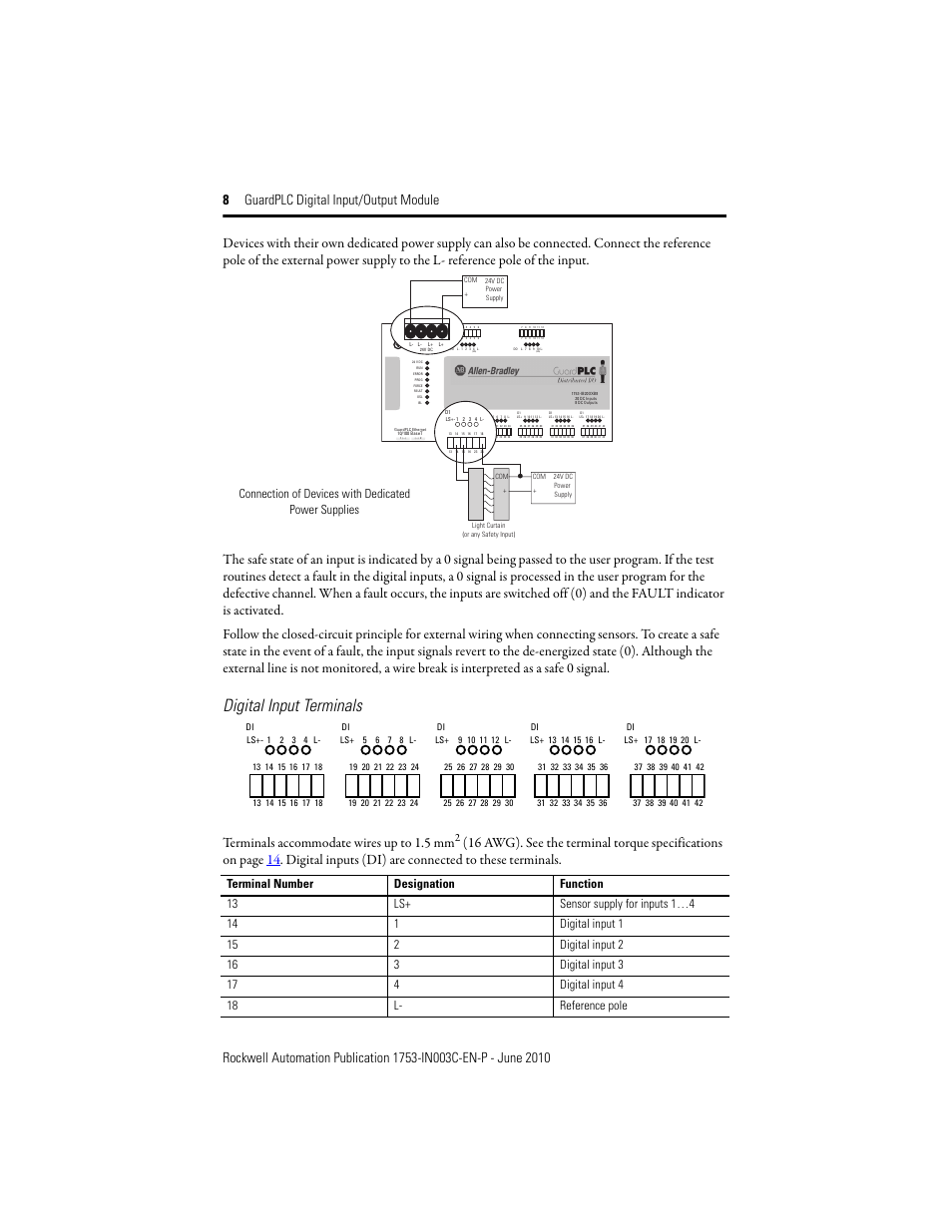 Digital input terminals, Terminals accommodate wires up to 1.5 mm | Rockwell Automation 1753-IB20XOB8 GuardPLC Digital Input/Output Module Installation Instructions User Manual | Page 8 / 20