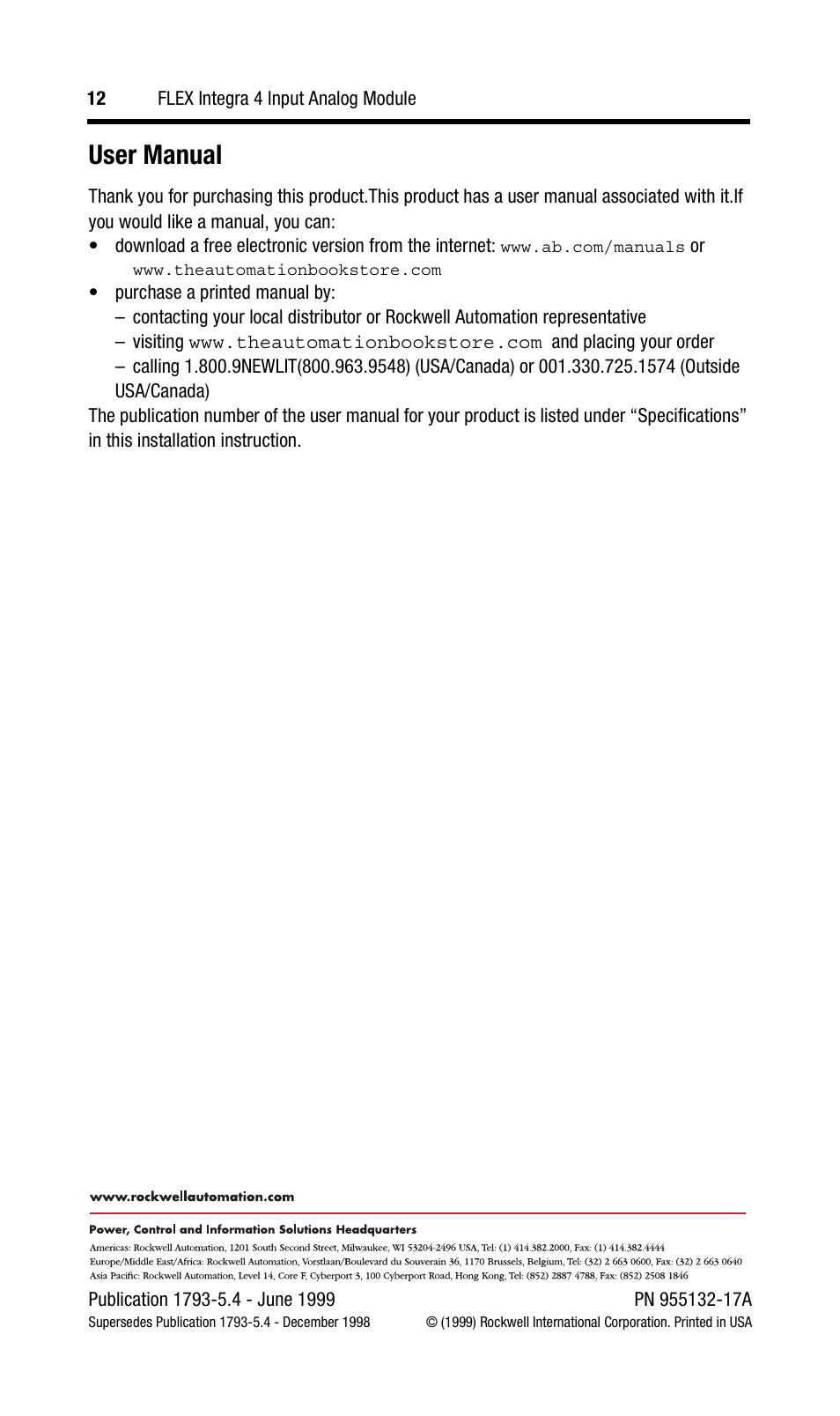 User manual | Rockwell Automation 1793-IE4S INSTL INSTR FLEX INTEGRA 4 INPUT ANALOG MOD User Manual | Page 12 / 12