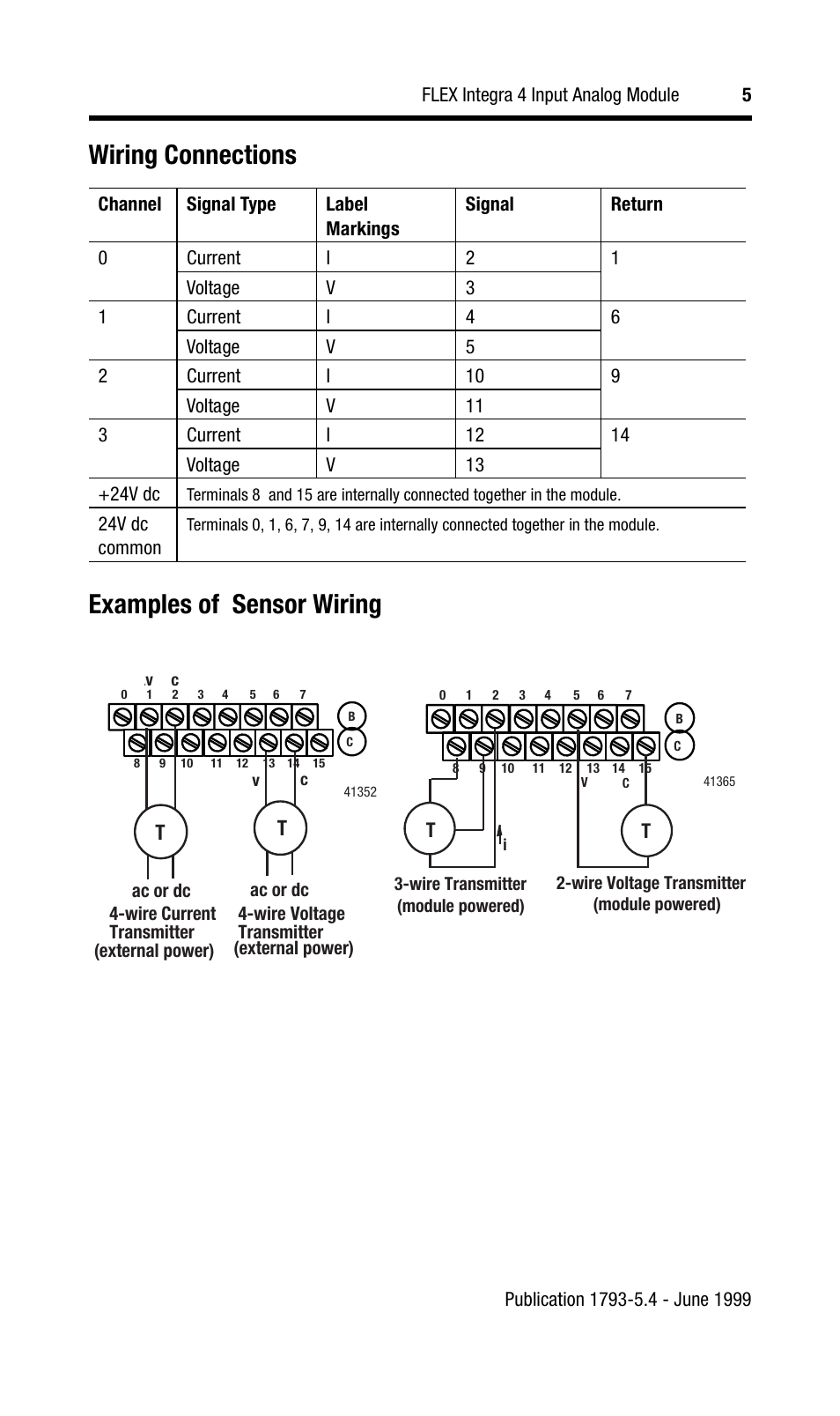 Wiring connections examples of sensor wiring | Rockwell Automation 1793-IE4S INSTL INSTR FLEX INTEGRA 4 INPUT ANALOG MOD User Manual | Page 5 / 12