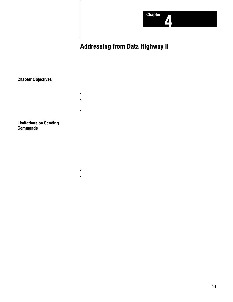 4 - addressing form data highway ii, Chapter objectives, Limitations on sending commands | Addressing from data highway ii | Rockwell Automation 1779-KP5_KP5R ORD.1779-5.3 User Manual | Page 31 / 73