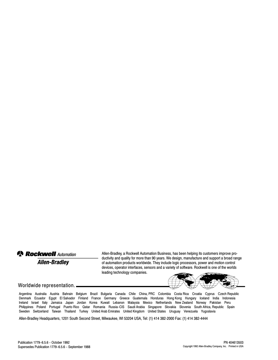 Back cover, Worldwide representation | Rockwell Automation 1779-KP5_KP5R ORD.1779-5.3 User Manual | Page 73 / 73