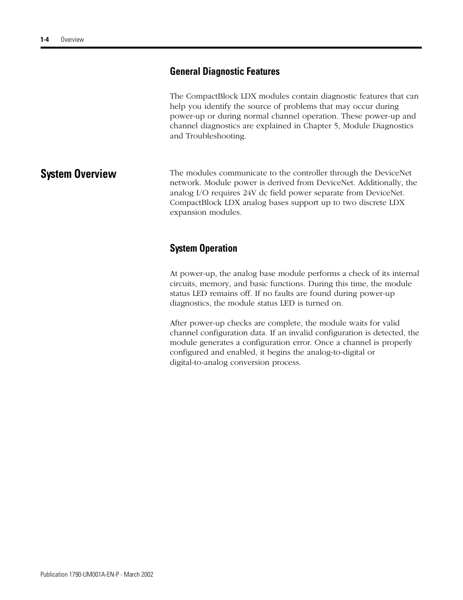 System overview, General diagnostic features -4, System overview -4 | System operation -4 | Rockwell Automation 1790D-NOV2/TNOV2 CompactBlock LDX Analog Modules User Manual | Page 14 / 104