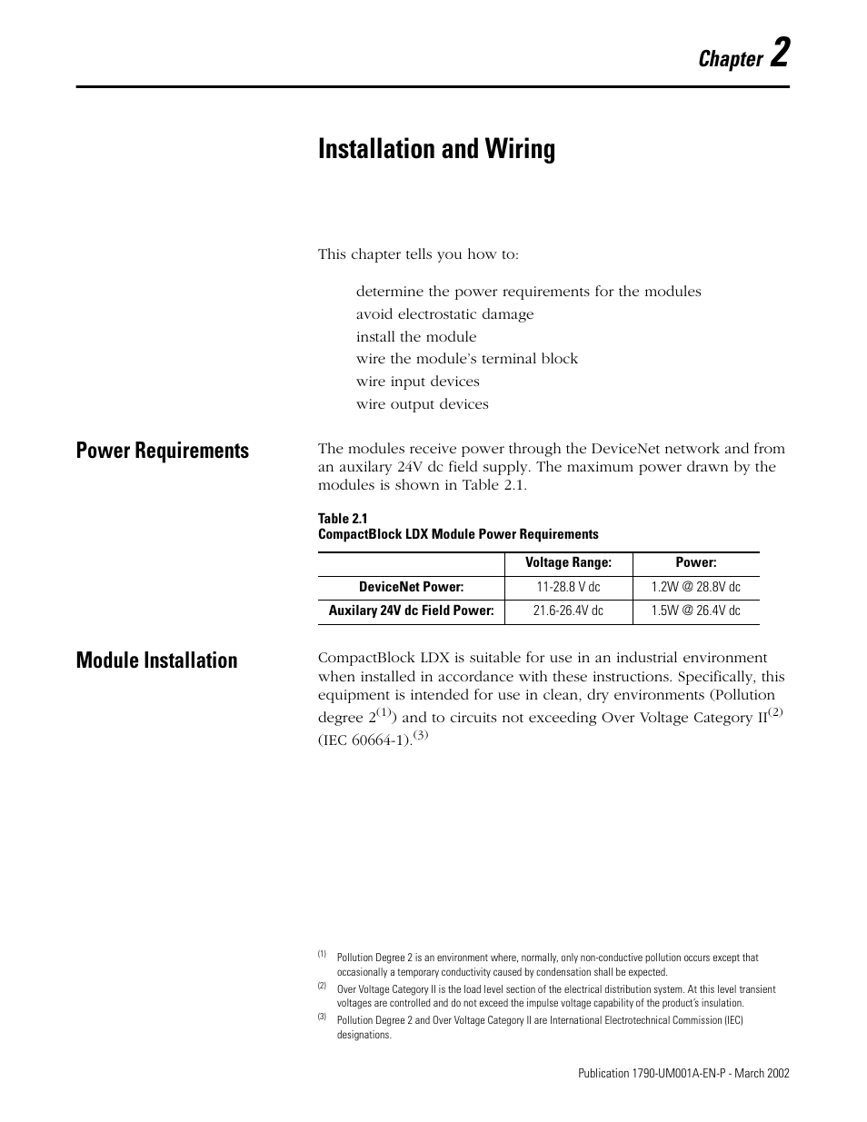 2 - installation and wiring, Power requirements, Module installation | Chapter 2, Installation and wiring, Power requirements -1 module installation -1, Chapter | Rockwell Automation 1790D-NOV2/TNOV2 CompactBlock LDX Analog Modules User Manual | Page 17 / 104