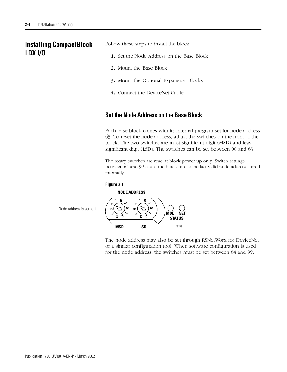 Installing compactblock ldx i/o, Installing compactblock ldx i/o -4, Set the node address on the base block -4 | Set the node address on the base block | Rockwell Automation 1790D-NOV2/TNOV2 CompactBlock LDX Analog Modules User Manual | Page 20 / 104