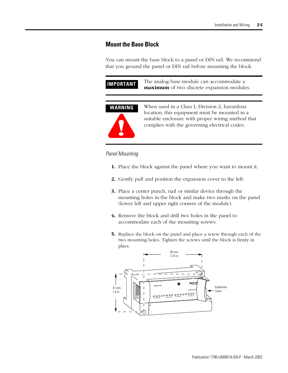 Mount the base block -5, Mount the base block, Panel mounting | Rockwell Automation 1790D-NOV2/TNOV2 CompactBlock LDX Analog Modules User Manual | Page 21 / 104