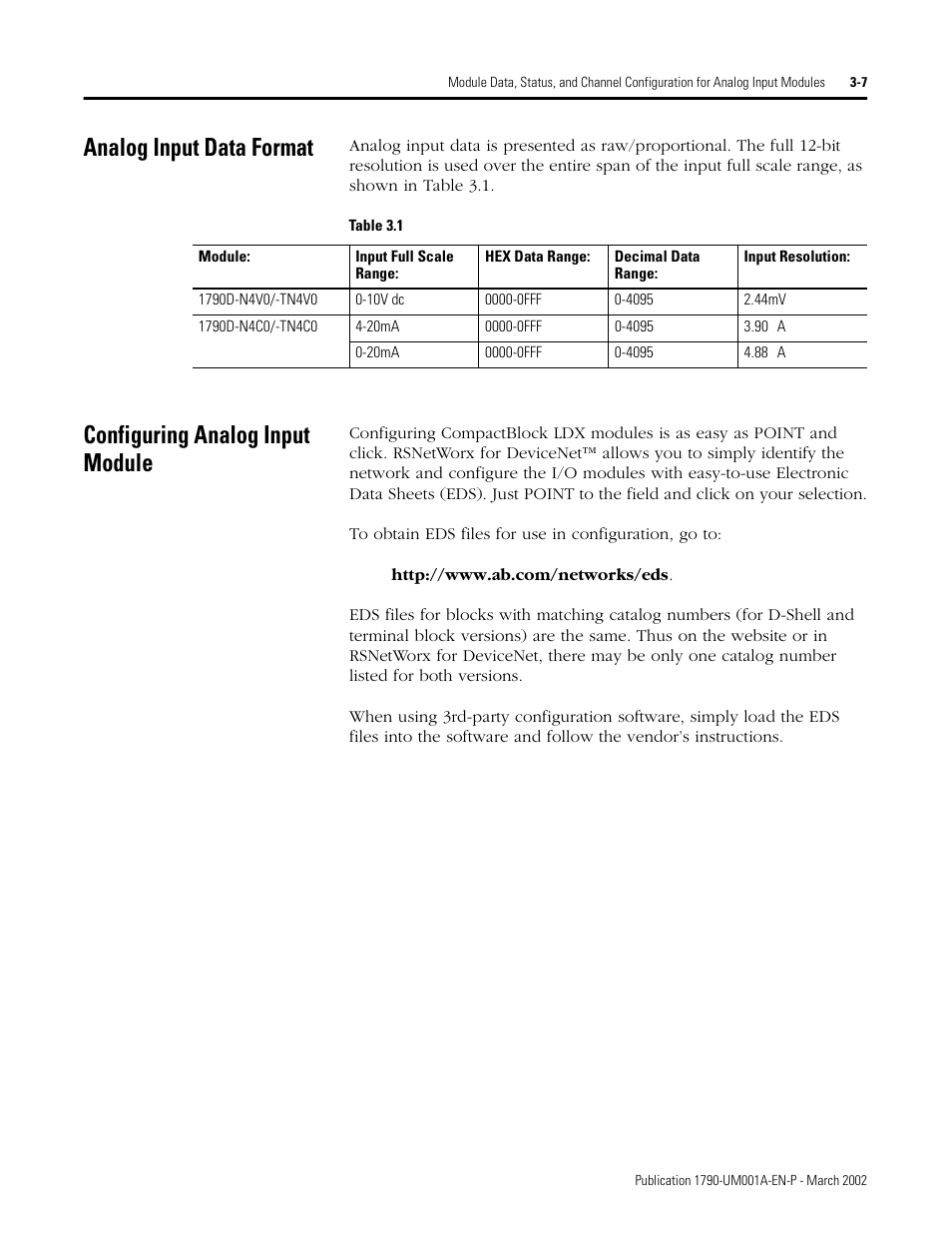 Analog input data format, Configuring analog input module | Rockwell Automation 1790D-NOV2/TNOV2 CompactBlock LDX Analog Modules User Manual | Page 41 / 104