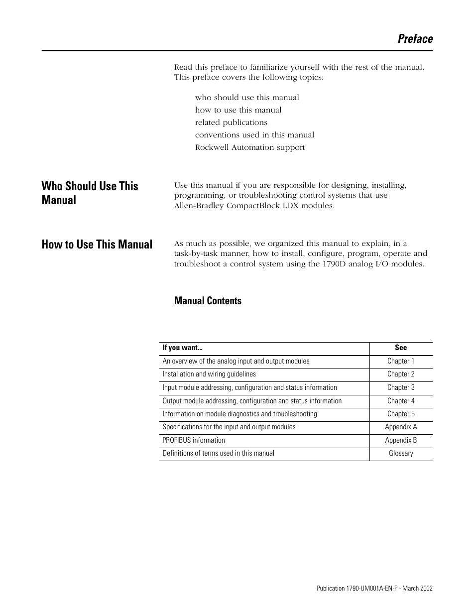 Preface, Who should use this manual, How to use this manual | Manual contents | Rockwell Automation 1790D-NOV2/TNOV2 CompactBlock LDX Analog Modules User Manual | Page 5 / 104